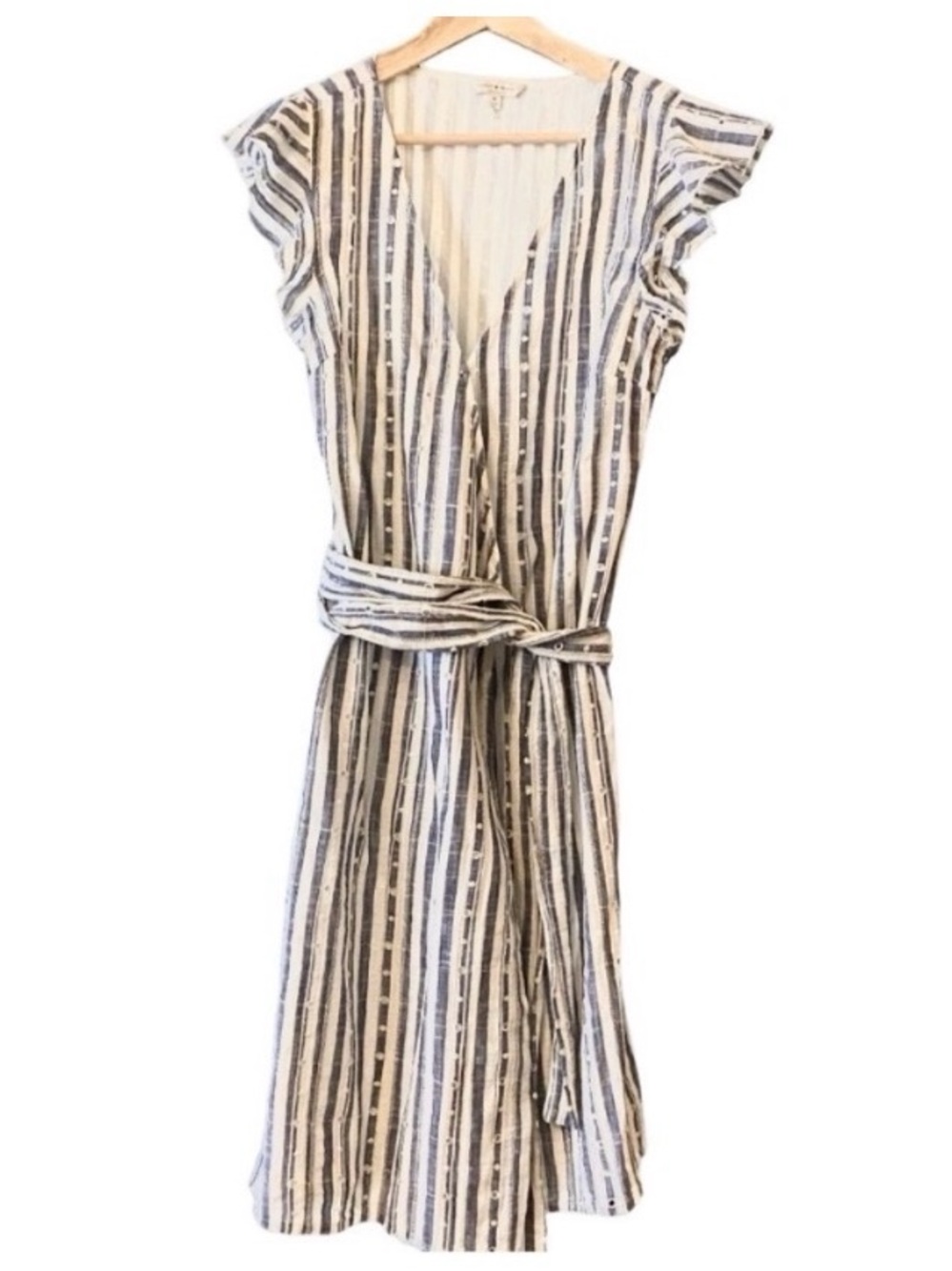 Lucky Brand Blue White Stripe Eyelet Wrap Dress M Cotton Midi Coastal - Picture 3 of 6